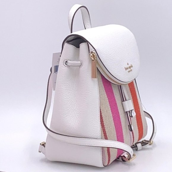 NWT Kate Spade1 - Leila Striped Canvas Pebble Leather Medium Flap Backpack8.4 - Picture 4 of 13